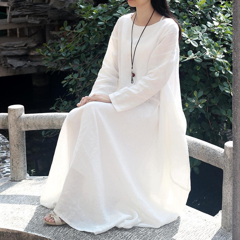Handmade o neck linen Robes Photography white Dresses autumn - Omychic