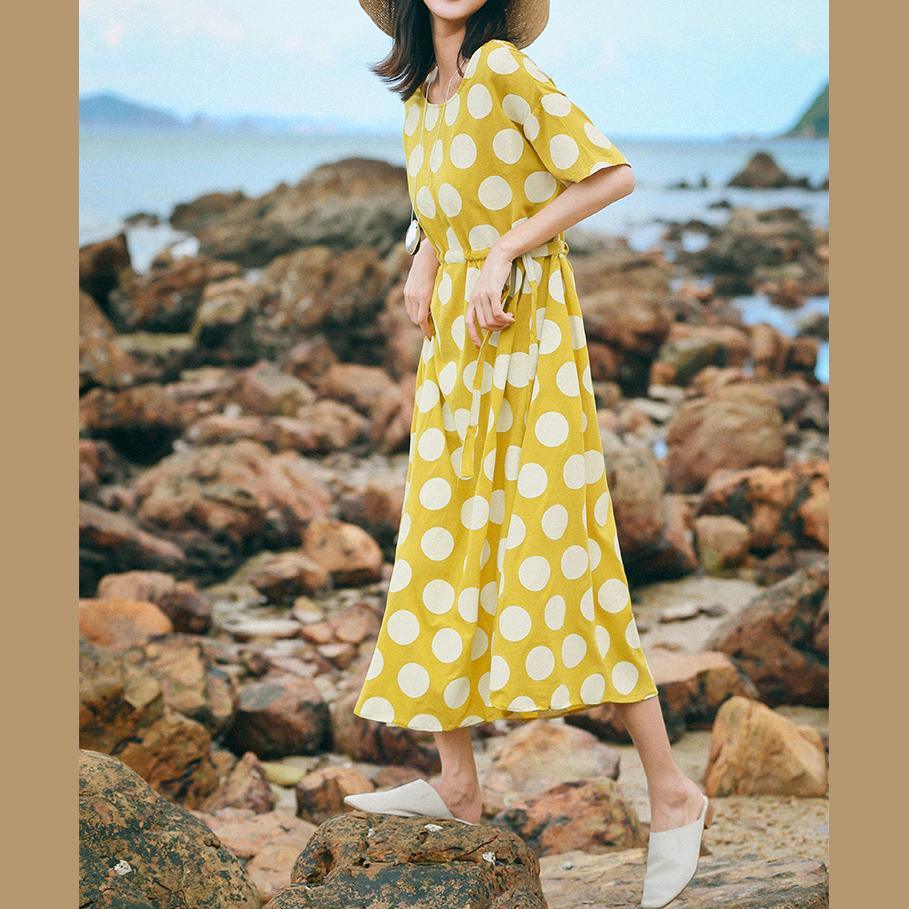 Handmade o neck linen clothes For Women stylish Online Shopping yellow dotted Traveling Dress Summer - Omychic