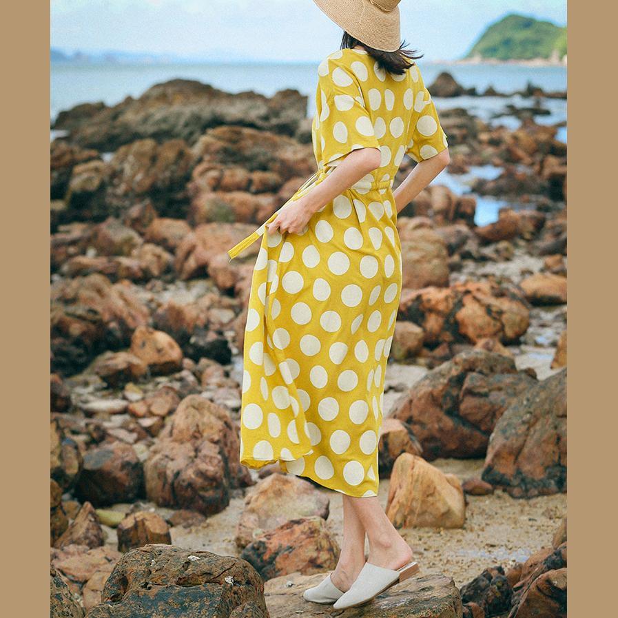 Handmade o neck linen clothes For Women stylish Online Shopping yellow dotted Traveling Dress Summer - Omychic
