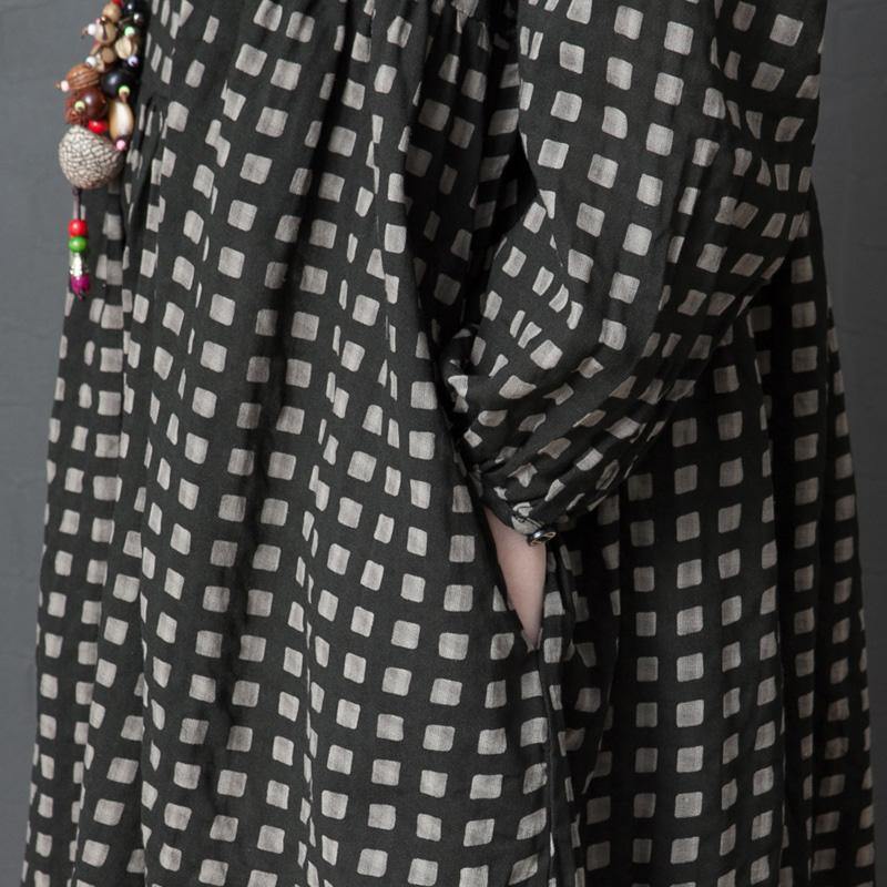 Handmade o neck linen dress Casual design gray plaid Plus Size Dresses patchwork spring - Omychic