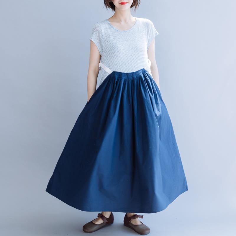 Handmade o neck patchwork cotton linen dress Shirts navy Dresses summer - Omychic