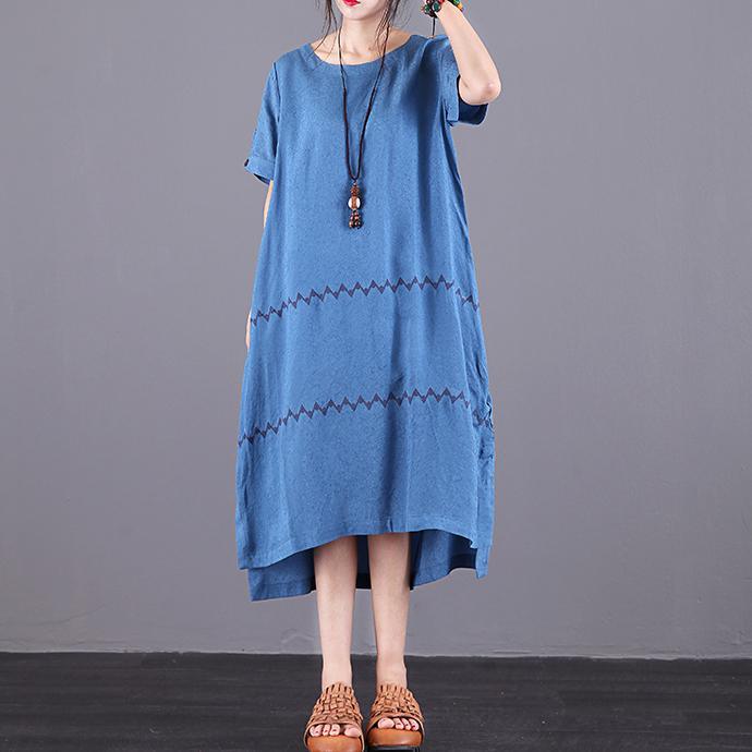 Handmade o neck pockets clothes Women blue Dress summer - Omychic
