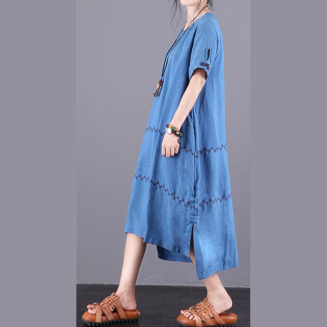 Handmade o neck pockets clothes Women blue Dress summer - Omychic