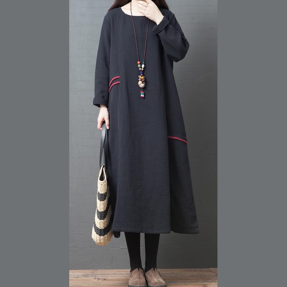 Handmade o neck pockets linen fall clothes For Women Neckline black Dress - Omychic