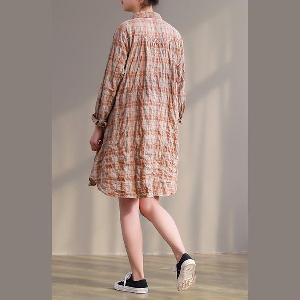 Handmade orange Plaid Cotton tunic top Plus Size design Button Down lace short Dresses - Omychic