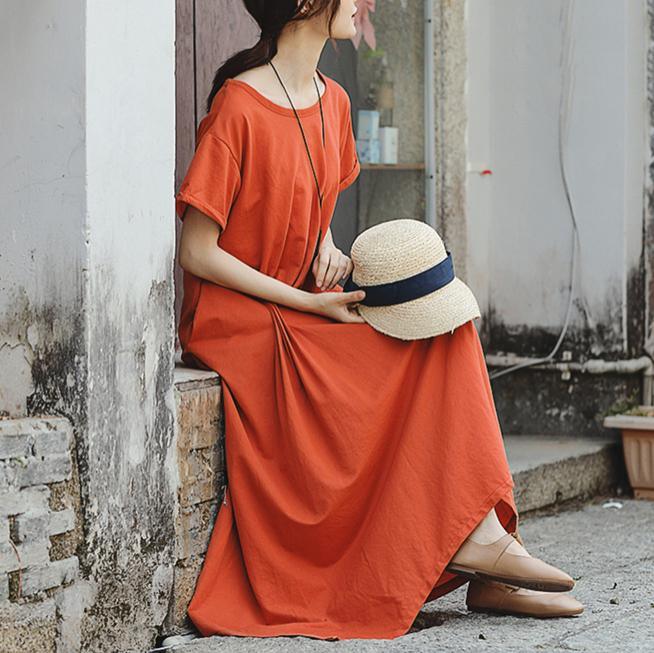 Handmade orange cotton clothes Plus Size Tops o neck asymmetric long Summer Dresses - Omychic