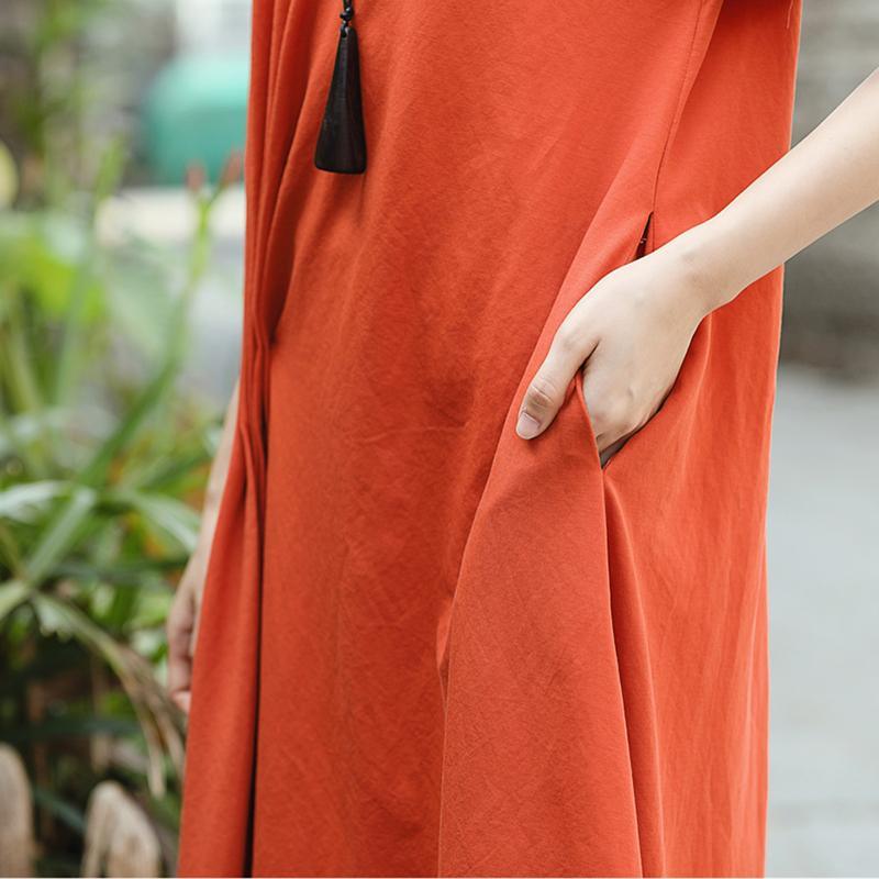 Handmade orange cotton clothes Plus Size Tops o neck asymmetric long Summer Dresses - Omychic