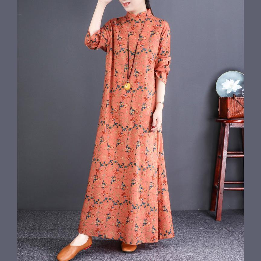 Handmade orange floral cotton linen dresses Omychic pattern stand collar Maxi Dresses - Omychic