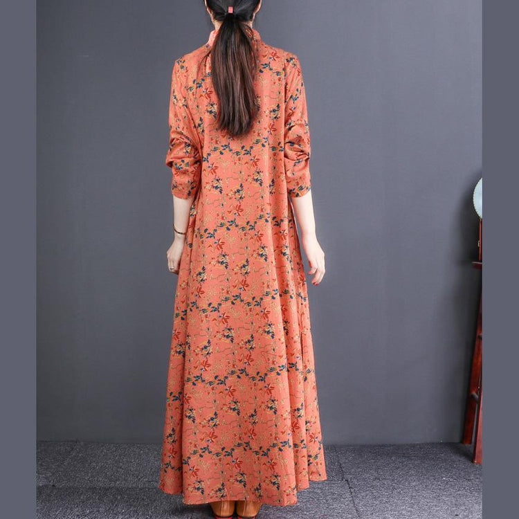 Handmade orange floral cotton linen dresses Omychic pattern stand collar Maxi Dresses - Omychic