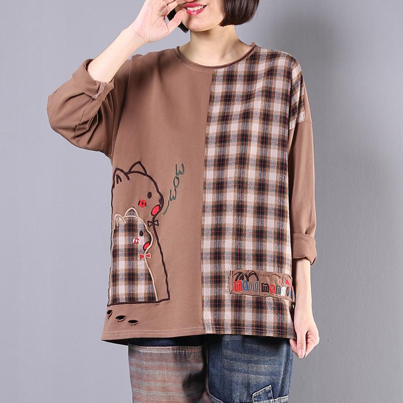 Handmade patchwork cotton Blouse Work Outfits brown blouse fall - Omychic