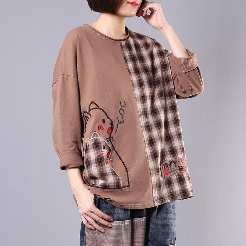 Handmade patchwork cotton Blouse Work Outfits brown blouse fall - Omychic