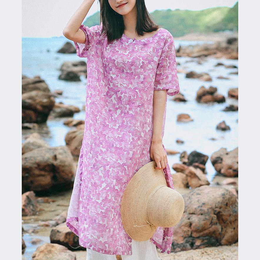 Handmade pink linen dresses plus size Tutorials o neck side open Knee Summer Dresses - Omychic