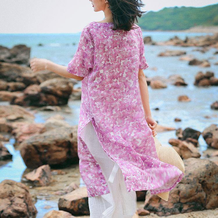 Handmade pink linen dresses plus size Tutorials o neck side open Knee Summer Dresses - Omychic