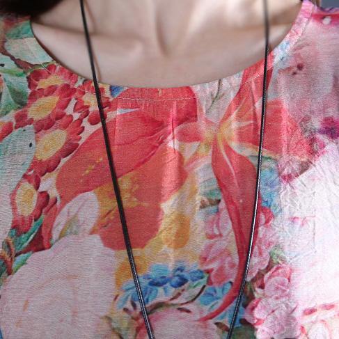 Handmade pink print cotton clothes Women o neck wrinkled Kaftan summer Dresses - Omychic