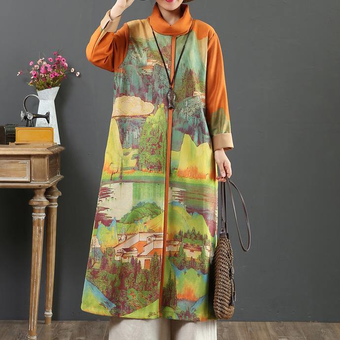 Handmade prints cotton high neck tunic top Inspiration orange long Dresses - Omychic