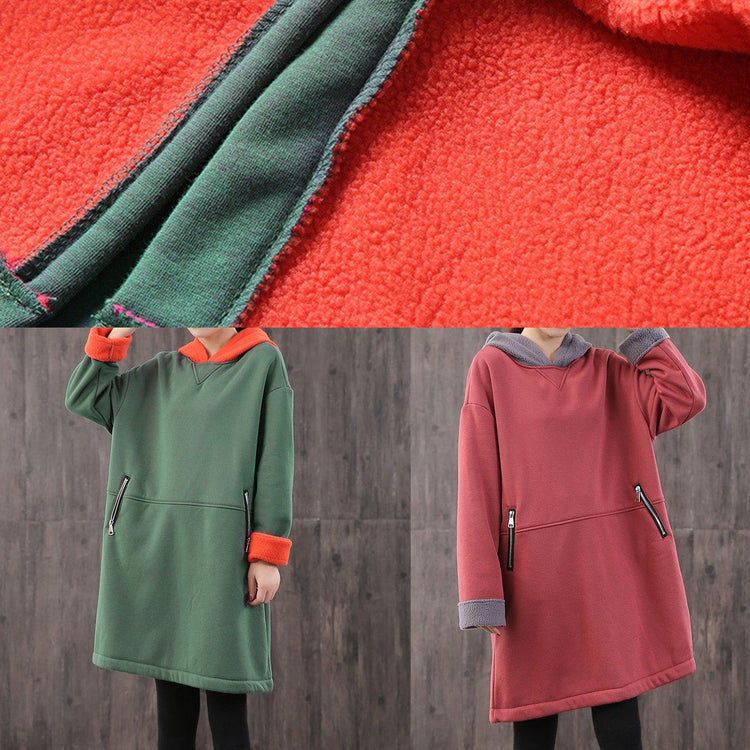 Handmade red Cotton dresses hooded zippered Midi Dress - Omychic