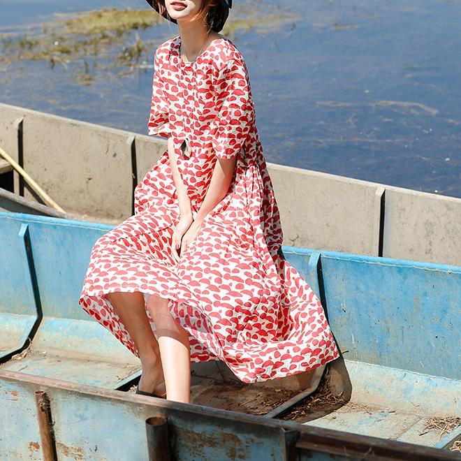 Handmade red dotted linen clothes For Women Casual Fabrics o neck long summer Dress - Omychic
