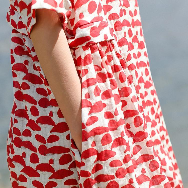 Handmade red dotted linen clothes For Women Casual Fabrics o neck long summer Dress - Omychic