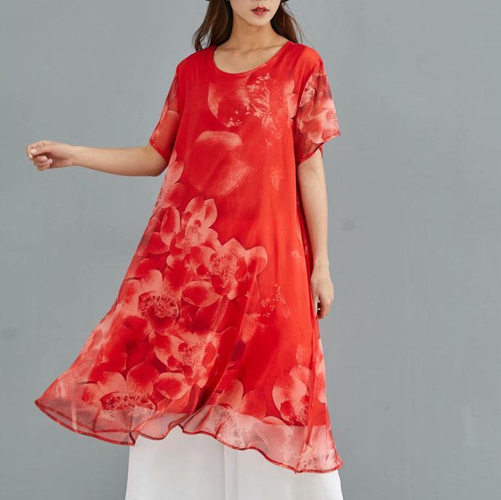 Handmade red print silk tunic dress o neck daily summer Dresses - Omychic