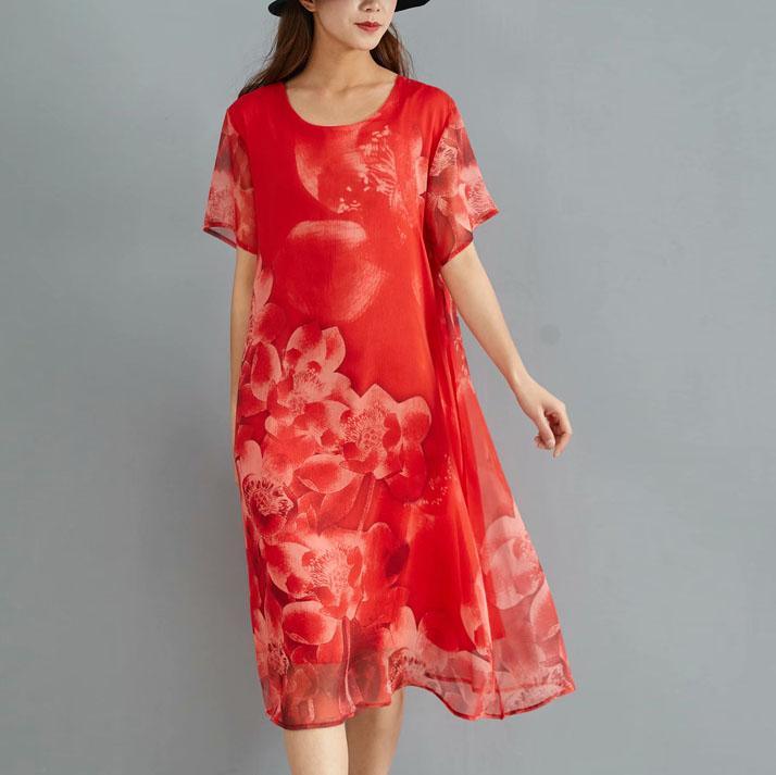 Handmade red print silk tunic dress o neck daily summer Dresses - Omychic