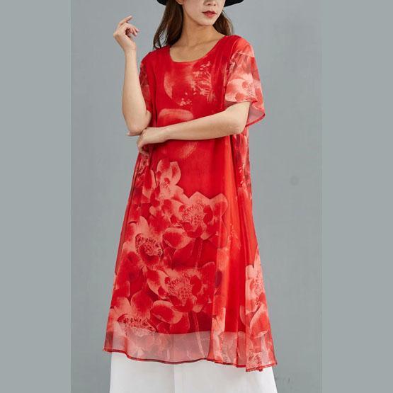 Handmade red print silk tunic dress o neck daily summer Dresses - Omychic