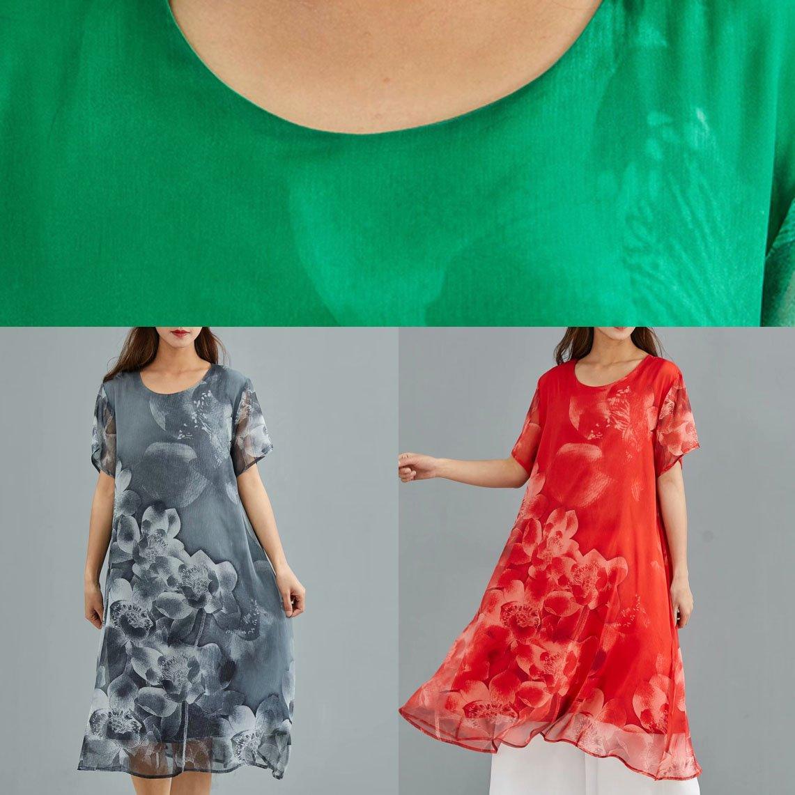 Handmade red print silk tunic dress o neck daily summer Dresses - Omychic