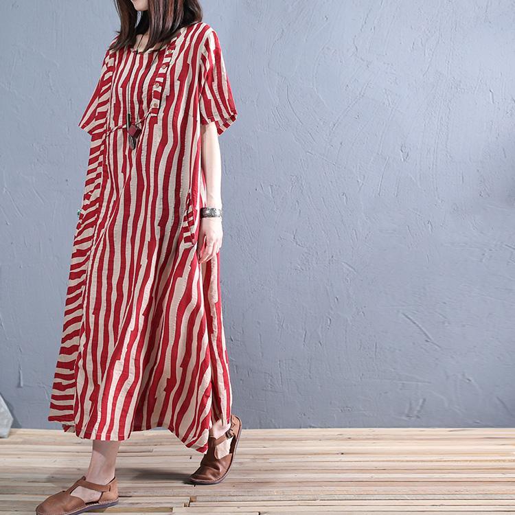Handmade red striped cotton Wardrobes o neck pockets Maxi summer Dresses - Omychic