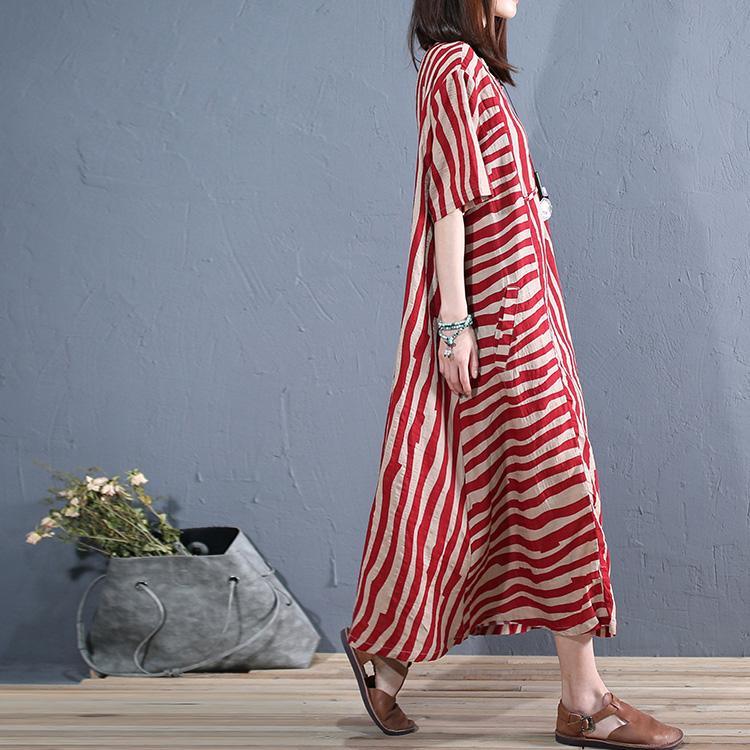 Handmade red striped cotton Wardrobes o neck pockets Maxi summer Dresses - Omychic