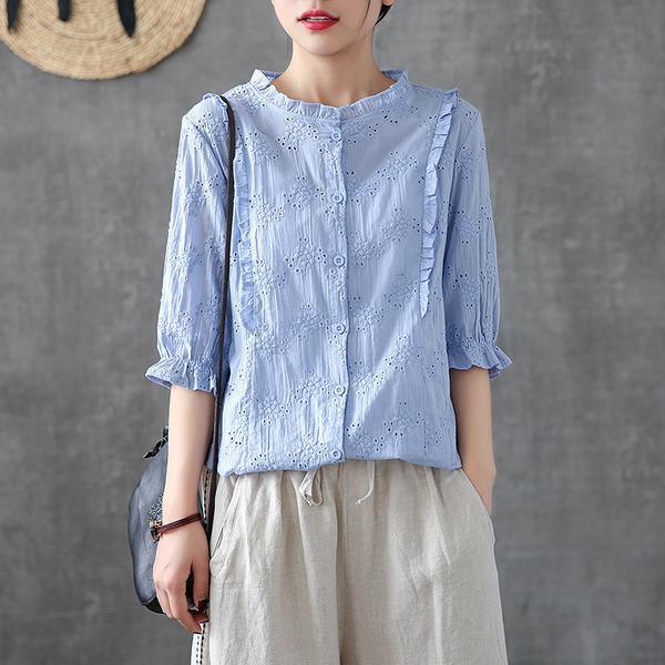 Handmade shirts women Fitted Cotton Soild Embroidery Hollow Out Shirt - Omychic