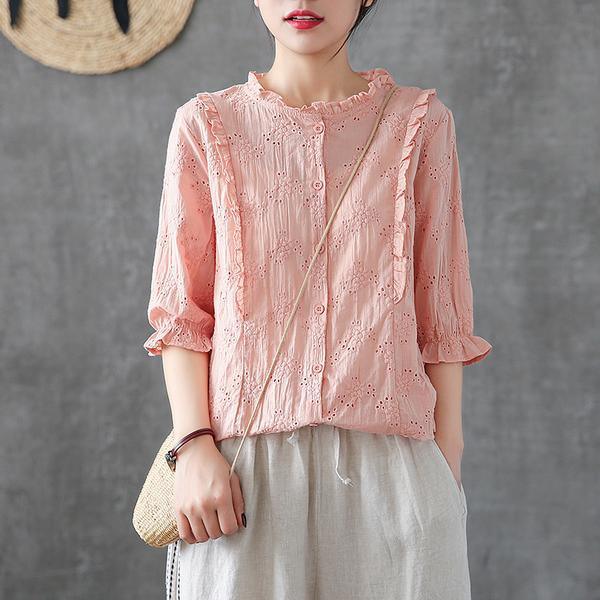 Handmade shirts women Fitted Cotton Soild Embroidery Hollow Out Shirt - Omychic