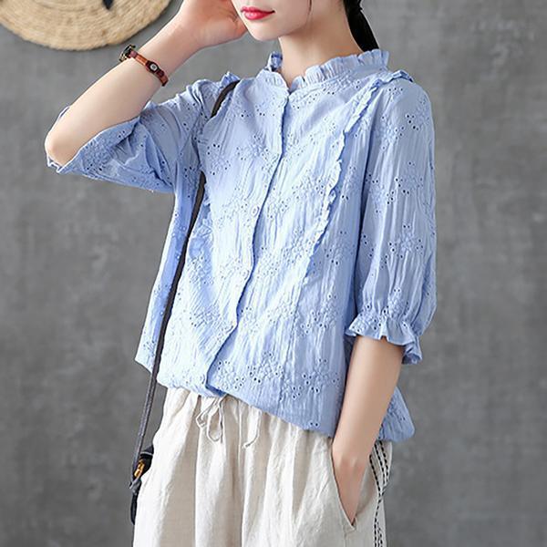 Handmade shirts women Fitted Cotton Soild Embroidery Hollow Out Shirt - Omychic