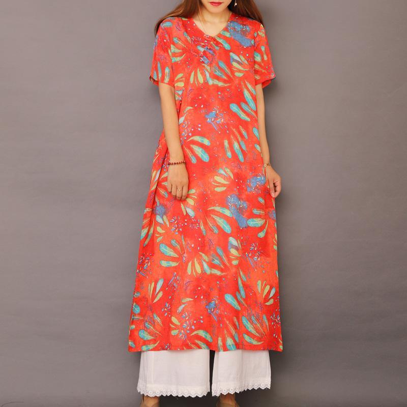 Handmade short sleeve cotton quilting dresses Shirts orange prints long Dress summer - Omychic