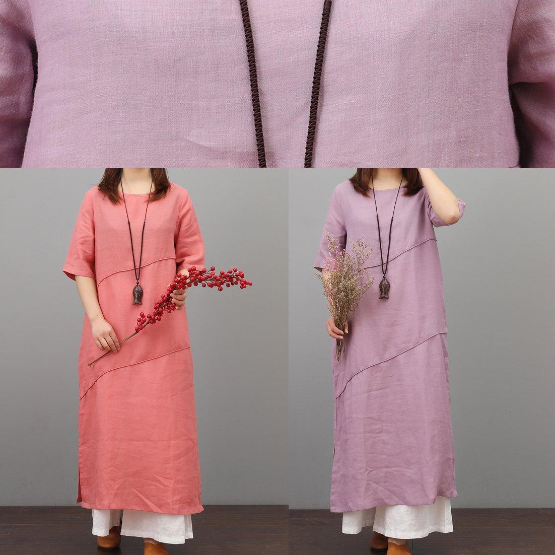 Handmade short sleeve linen clothes Sewing pink Dress summer - Omychic