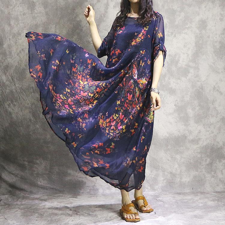Handmade short sleeve silk Tunics Casual pattern blue prints Robe Dress summer - Omychic