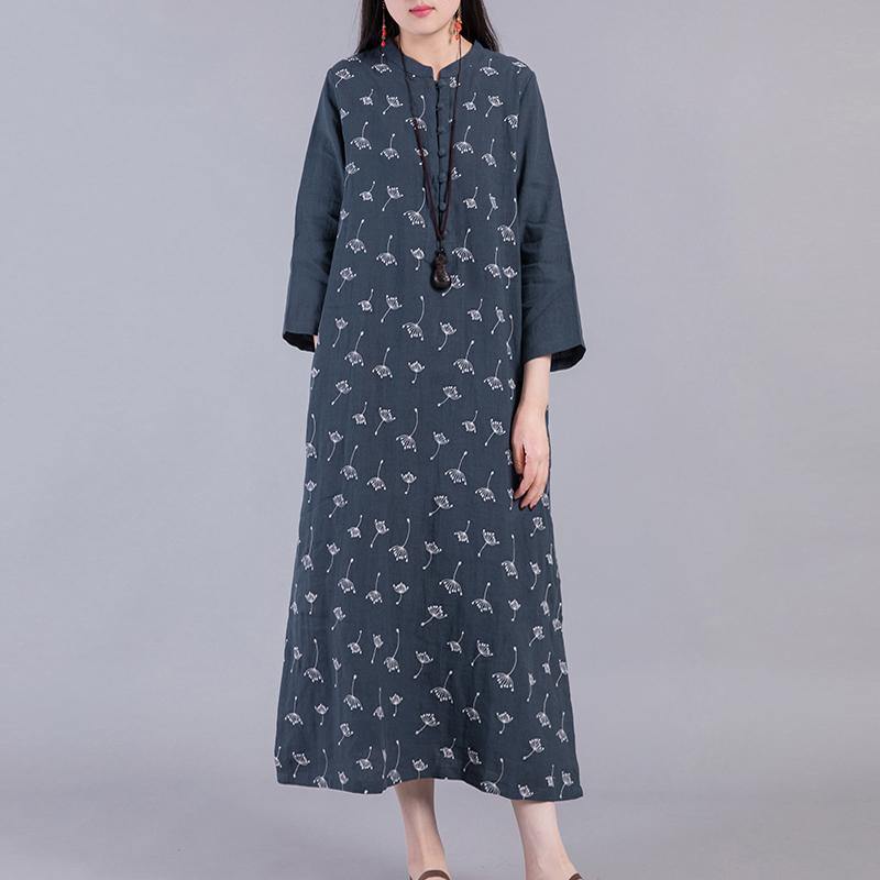 Handmade side open linen cotton Soft Surroundings linen navy prints Dress - Omychic
