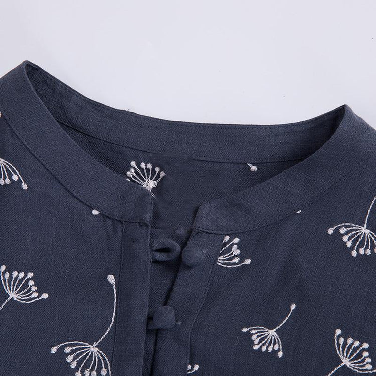 Handmade side open linen cotton Soft Surroundings linen navy prints Dress - Omychic