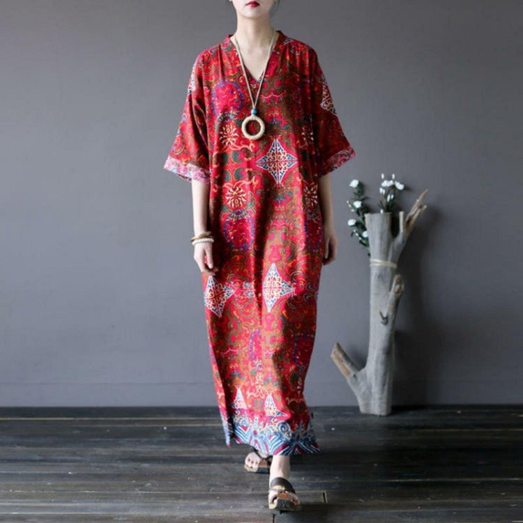 Handmade side open linen v neck Robes pattern red prints Dress - Omychic