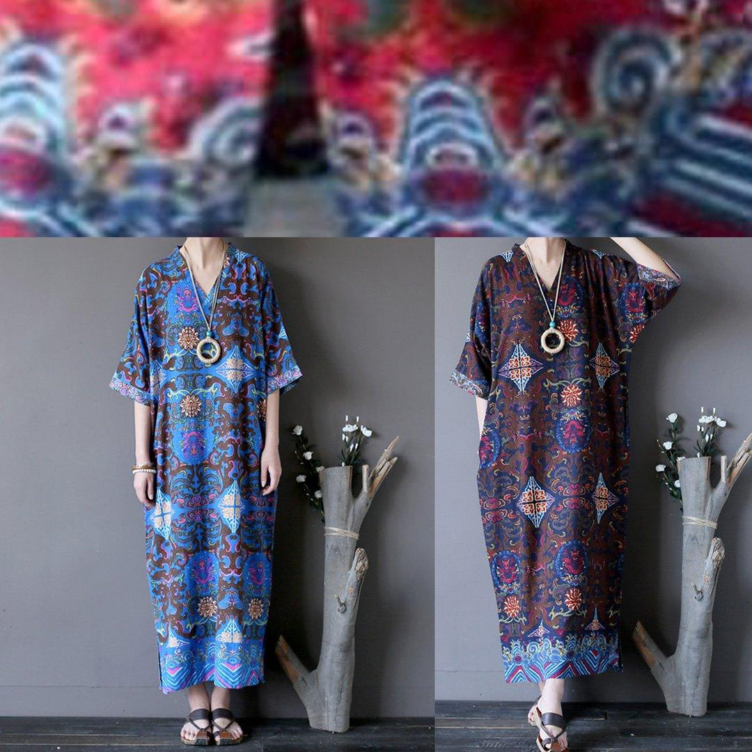Handmade side open linen v neck Robes pattern red prints Dress - Omychic