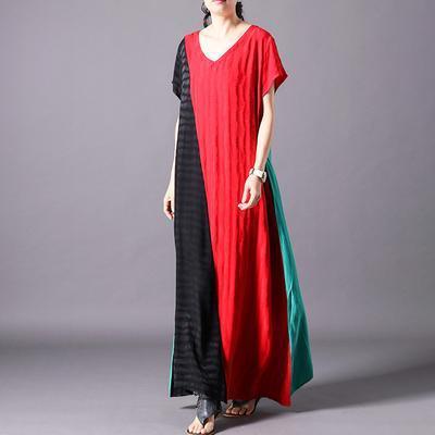 Handmade silk V-Neck dresses red Spliced Solid Short Sleeve plus size Dress - Omychic