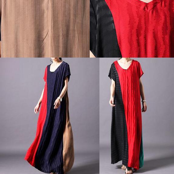 Handmade silk V-Neck dresses red Spliced Solid Short Sleeve plus size Dress - Omychic