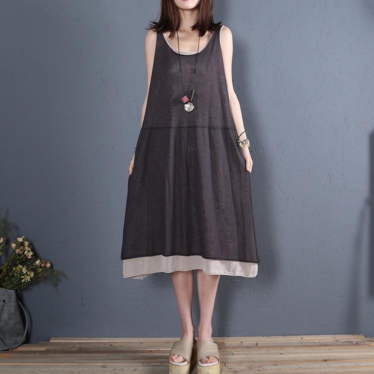 Handmade sleeveless false two pieces silk cotton tunic top Runway black Vestidos De Lino Dress summer - Omychic