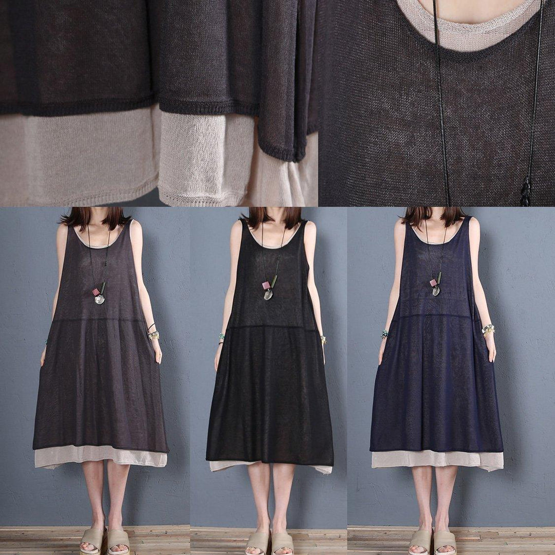 Handmade sleeveless false two pieces silk cotton tunic top Runway black Vestidos De Lino Dress summer - Omychic