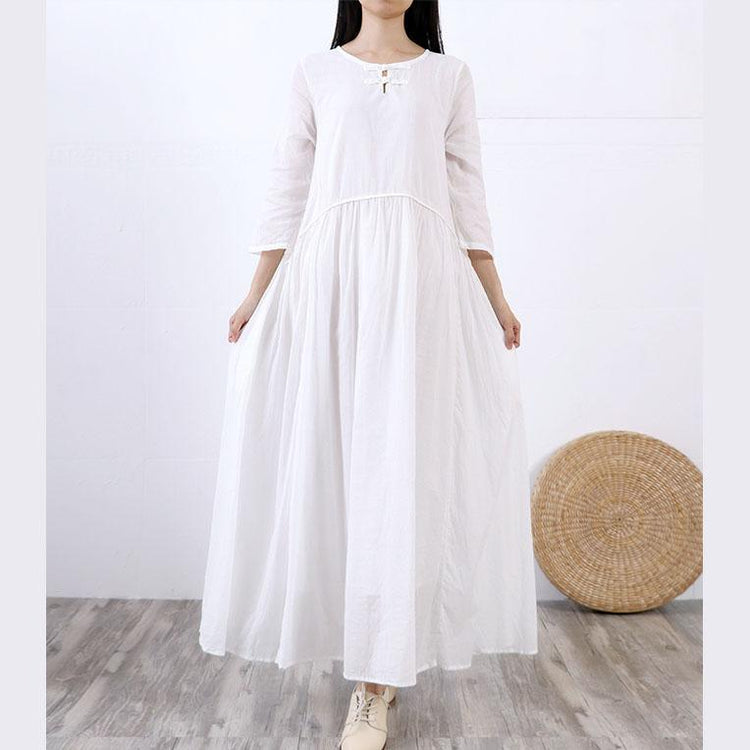 Handmade slim linen cotton clothes Neckline white high waist Dresses fall - Omychic