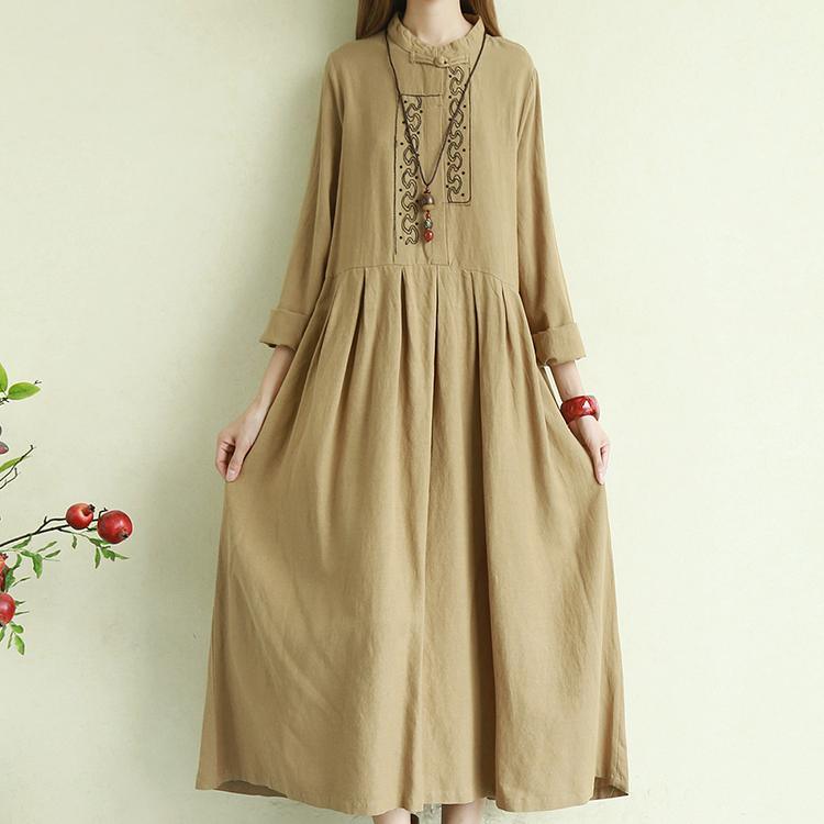 Handmade stand collar embroidery linen dresses Online Shopping army yellow Dress - Omychic