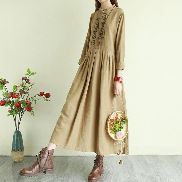 Handmade stand collar embroidery linen dresses Online Shopping army yellow Dress - Omychic