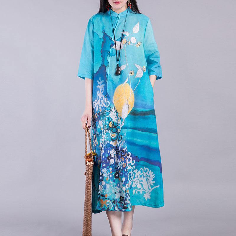 Handmade stand collar linen Long Shirts Tutorials blue prints Dresses summer - Omychic