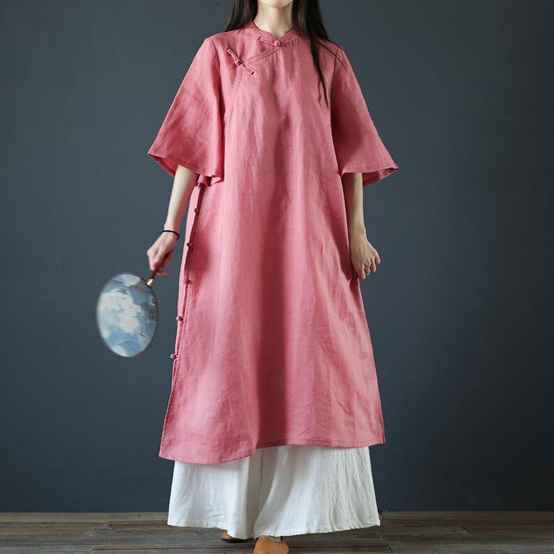 Handmade stand collar linen cotton quilting dresses Outfits pink Dress summer - Omychic