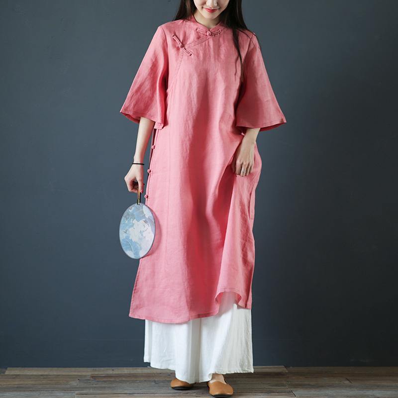 Handmade stand collar linen cotton quilting dresses Outfits pink Dress summer - Omychic