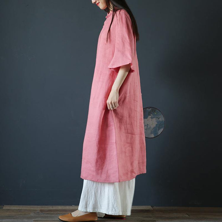 Handmade stand collar linen cotton quilting dresses Outfits pink Dress summer - Omychic