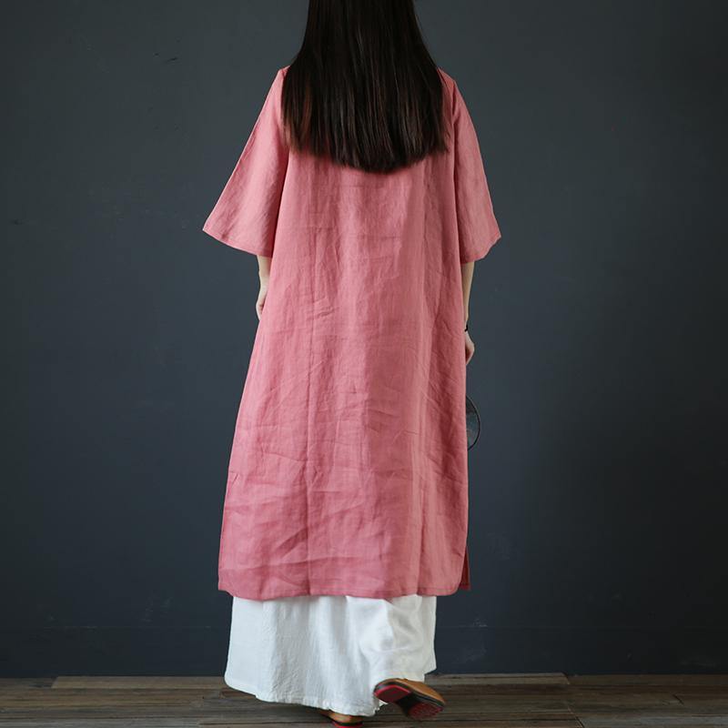 Handmade stand collar linen cotton quilting dresses Outfits pink Dress summer - Omychic